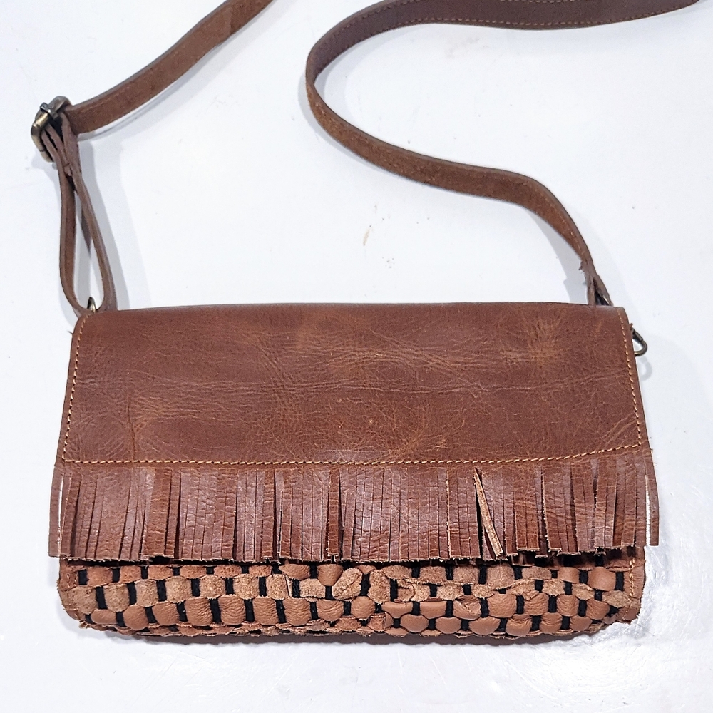 Vaan & Co. Brown Shoulder Crossbody Bag Upcycled Woven Leather with Fringe Flap